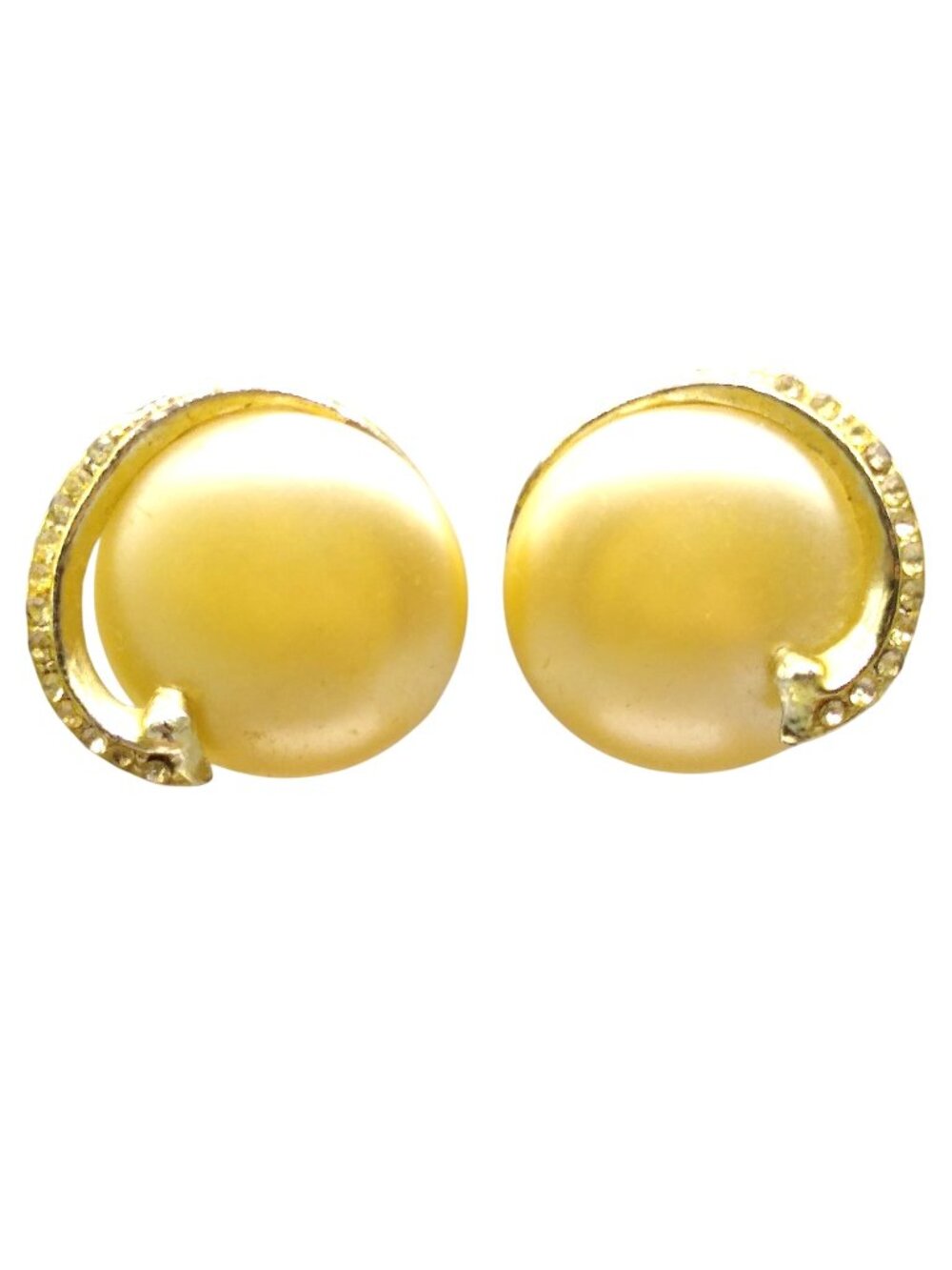 Vintage Pearl Cabochon Earrings, Gold Tone Clip On Embellished w Clear Crystals